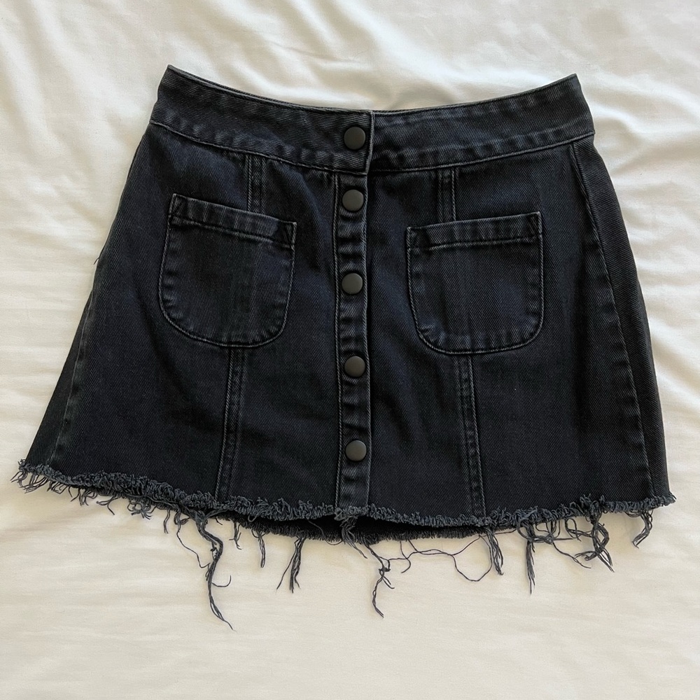 Black denim button mini skirt